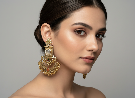 Antique Chandbali with Stones and Ghungroo Clusters