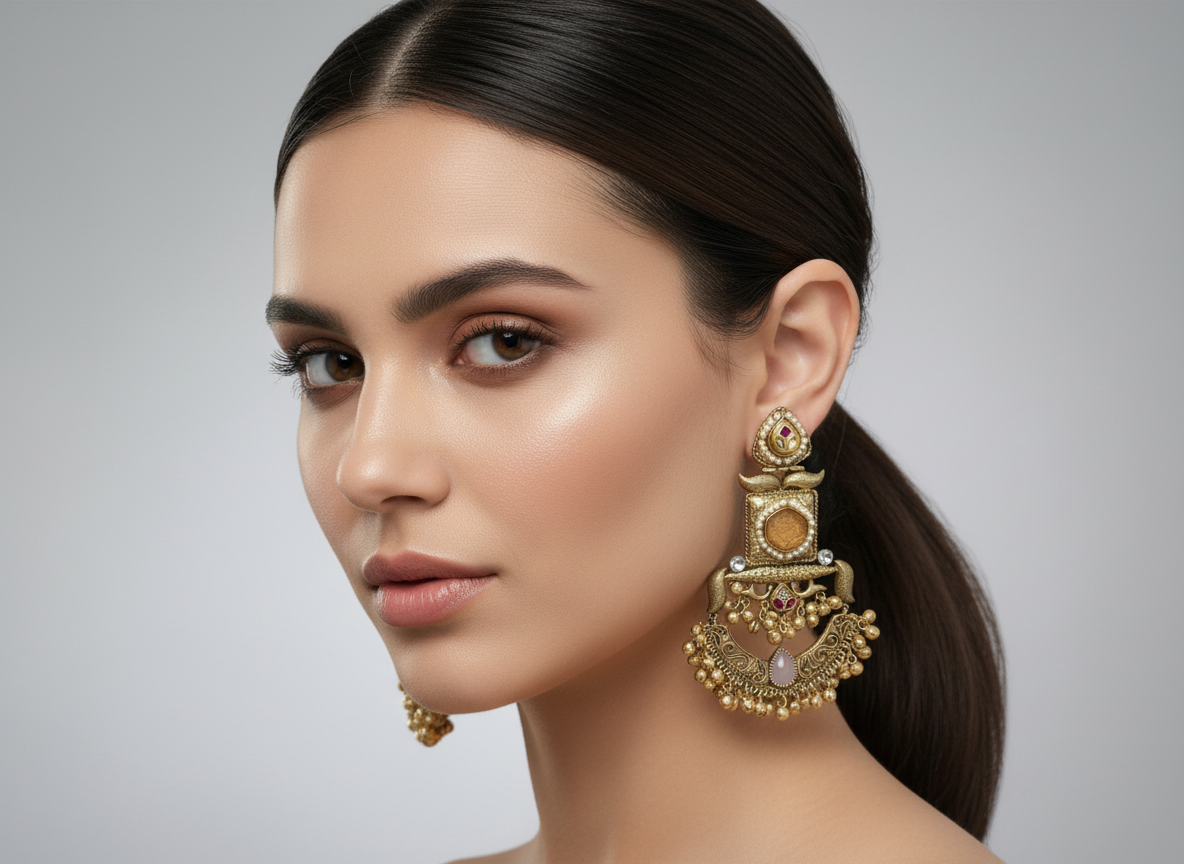 Antique Chandbali with Stones and Ghungroo Clusters