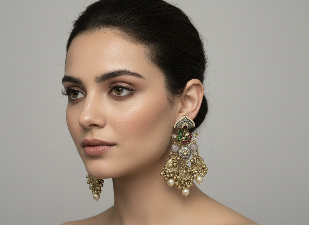 Statement Multistone Chandbali with Pearl Drops