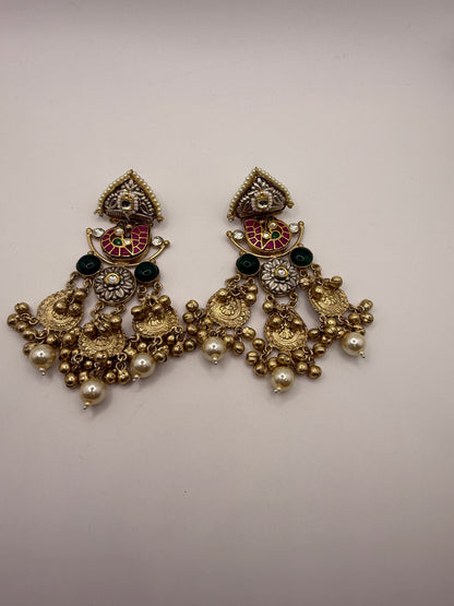 Statement Multistone Chandbali with Pearl Drops