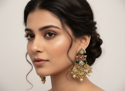 Statement Multistone Chandbali with Pearl Drops