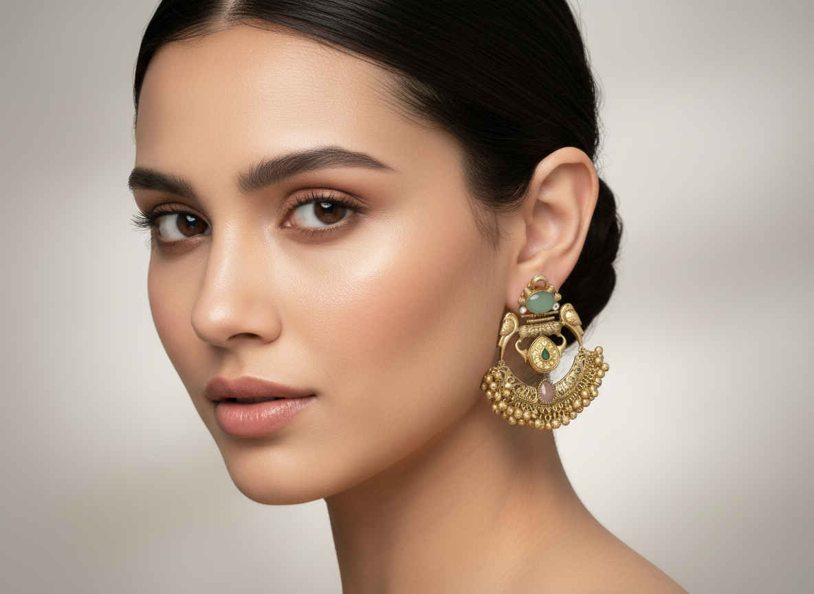 Indian Earrings Australia | Brass Handmade Chandbali Earrings with Ghungroo