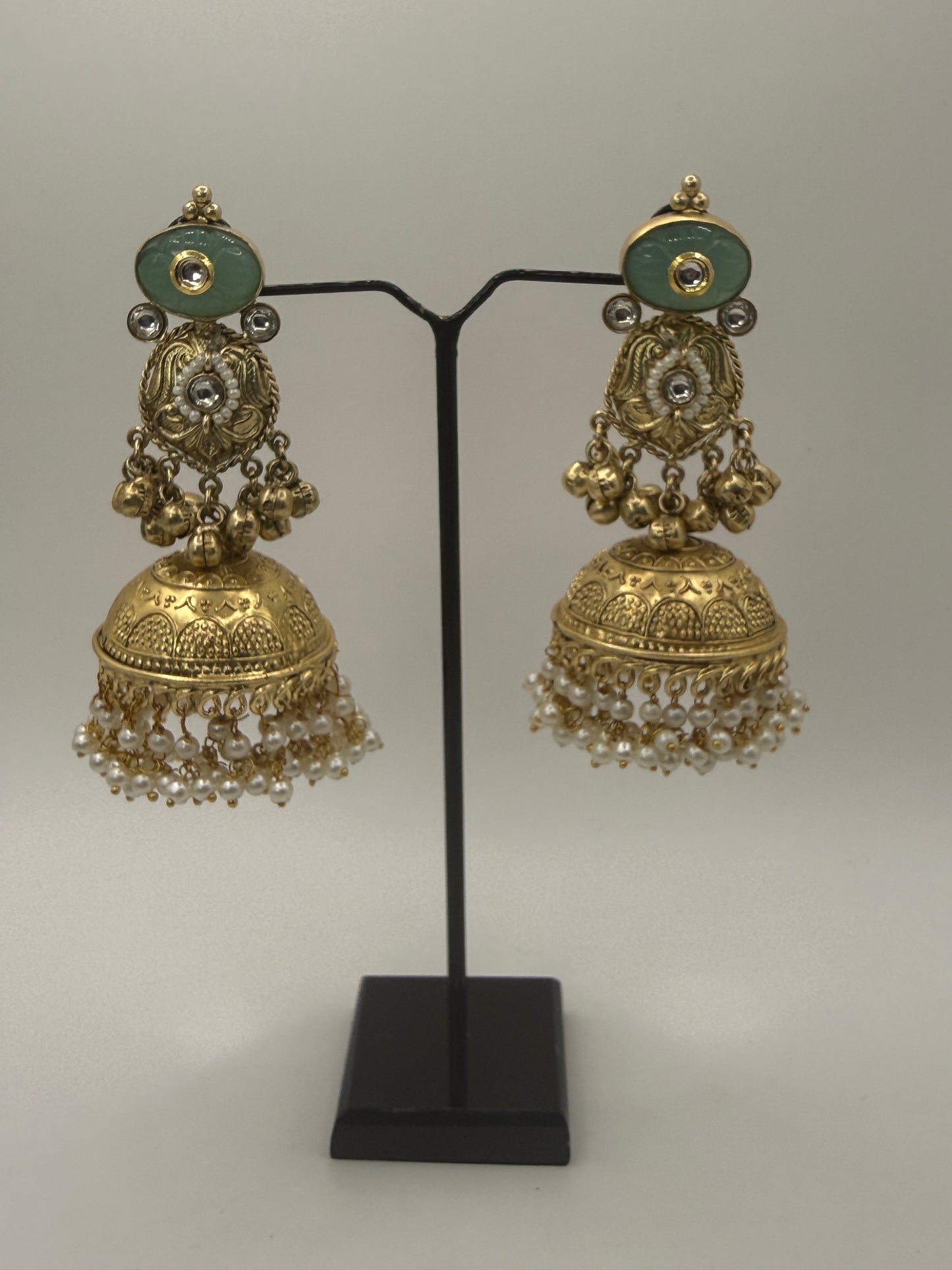 Green Stone Jhumka Earrings with Pearl Drops