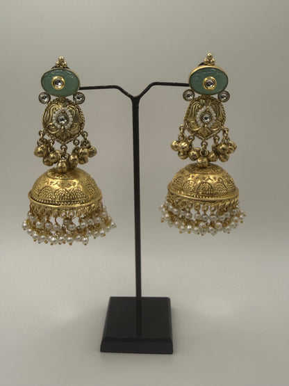Green Stone Jhumka Earrings with Pearl Drops