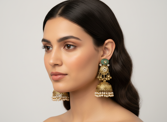 Green Stone Jhumka Earrings with Pearl Drops