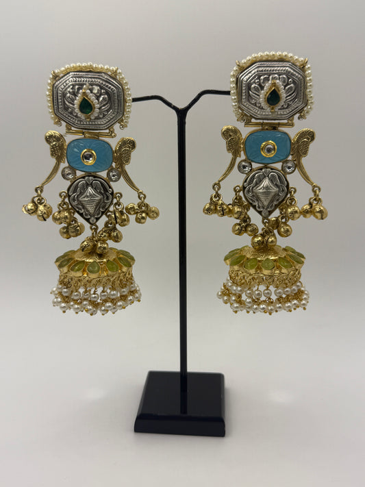 Dual-tone Jhumka with Carved Stones