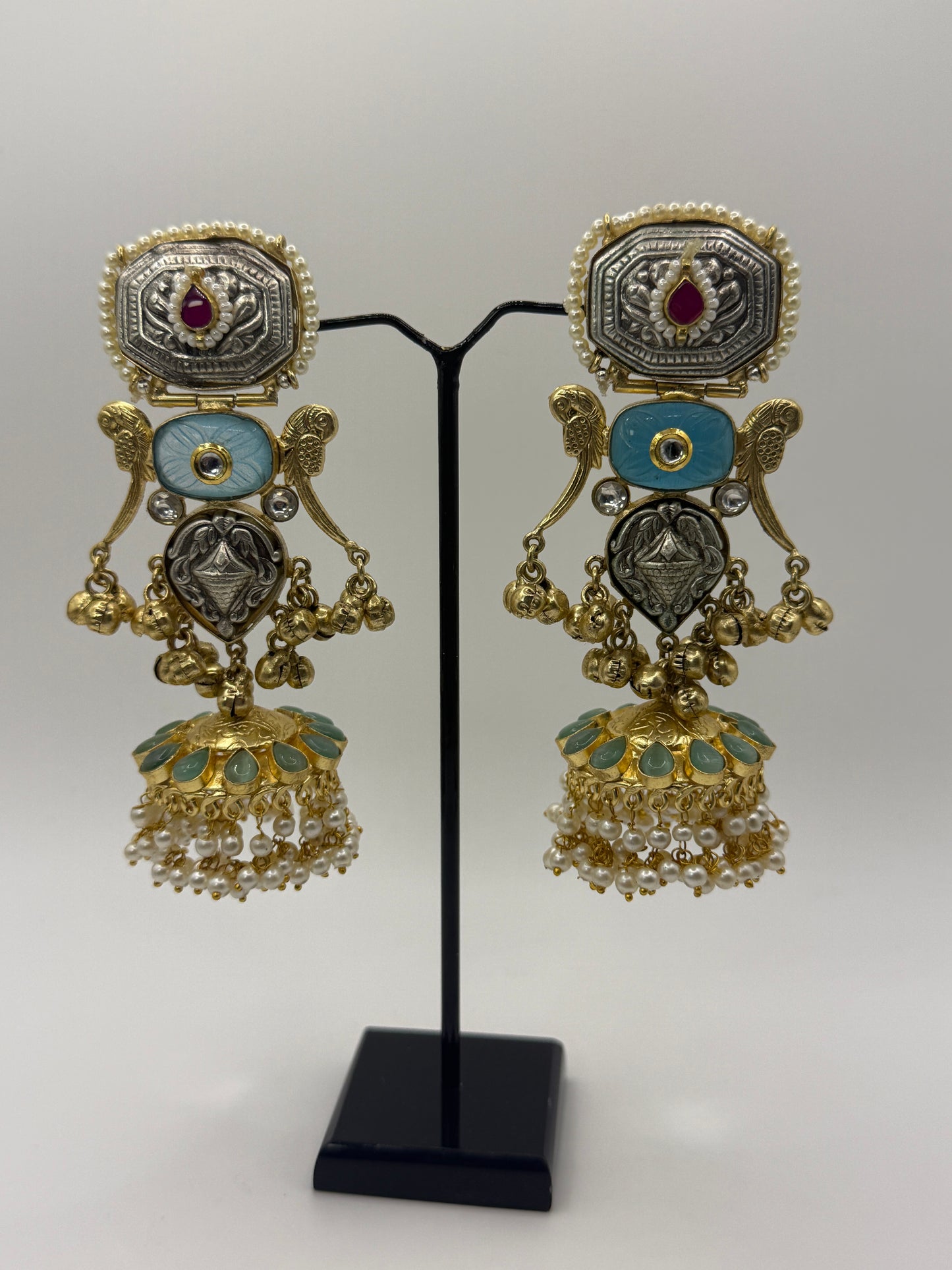 Dual-tone Jhumka with Carved Stones