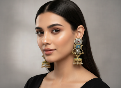 Dual-tone Jhumka with Carved Stones