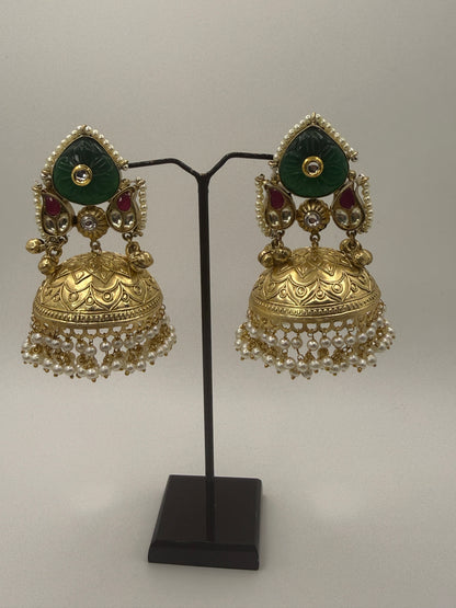 Statement Pink Carved Stone Jhumka