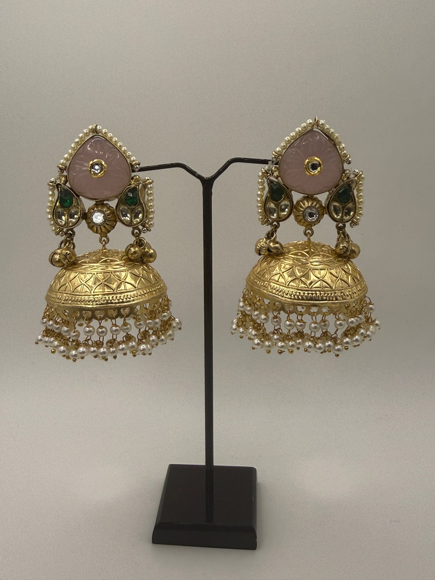 Statement Pink Carved Stone Jhumka