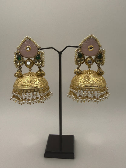 Statement Pink Carved Stone Jhumka