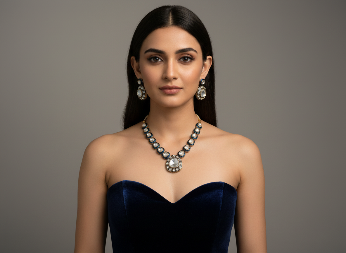 Gold-Tone Kundan Style Statement Necklace with Teardrop Pendant