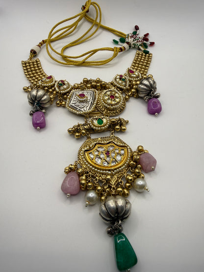 Brass handmade Statement Necklace with Multicolour Drops