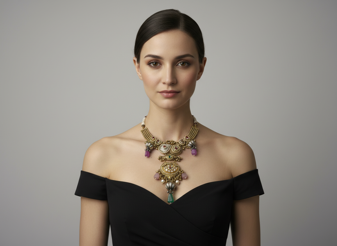 Brass handmade Statement Necklace with Multicolour Drops