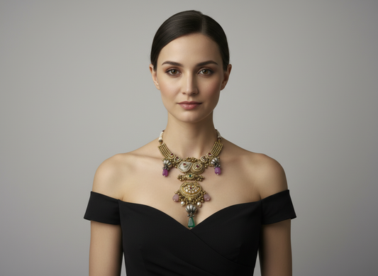Brass handmade Statement Necklace with Multicolour Drops