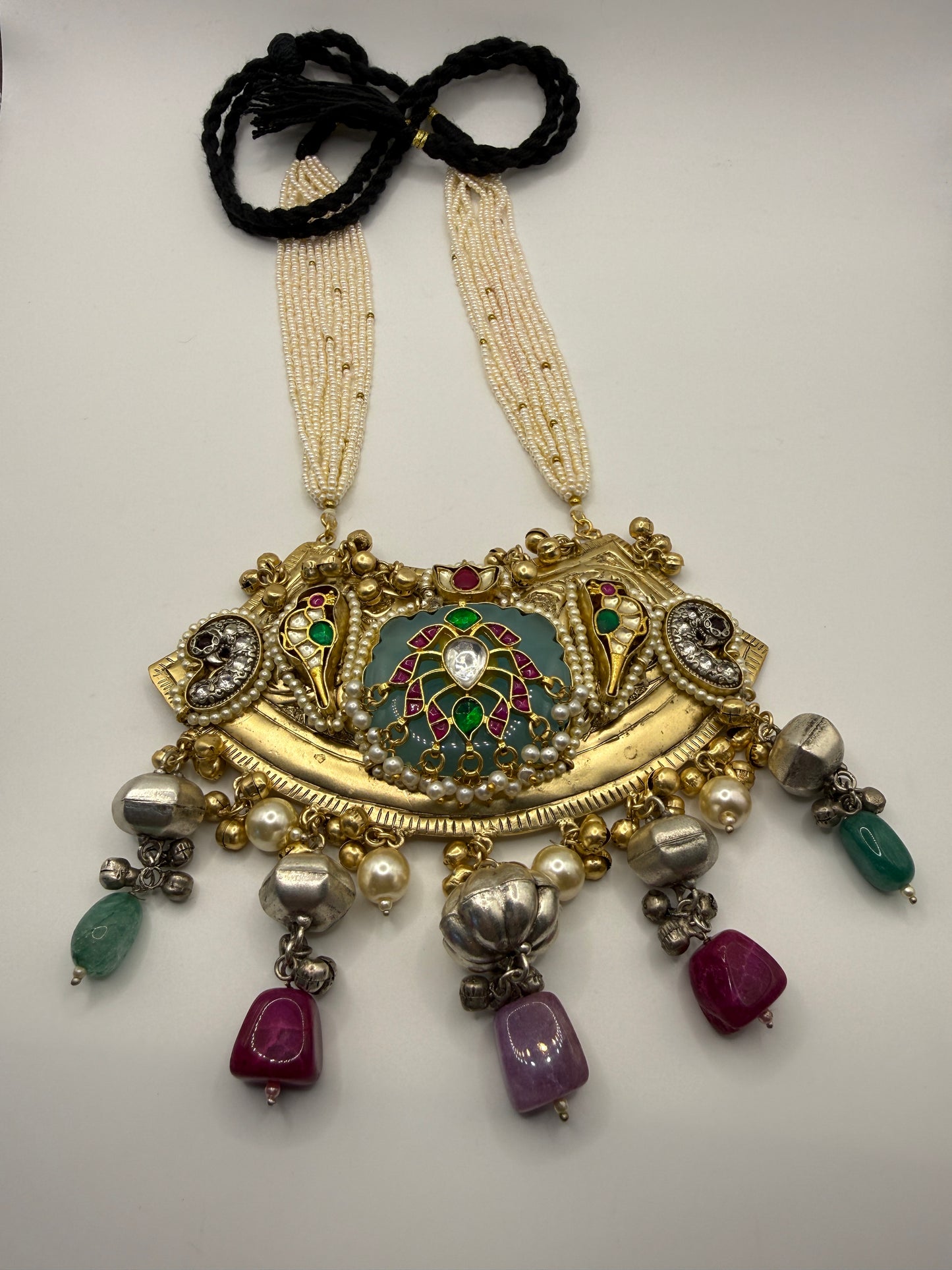 Gold-Tone Kundan Style Statement Necklace with Multicolour Drops