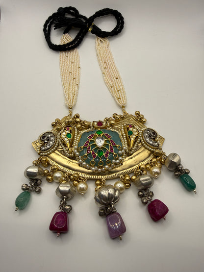 Gold-Tone Kundan Style Statement Necklace with Multicolour Drops
