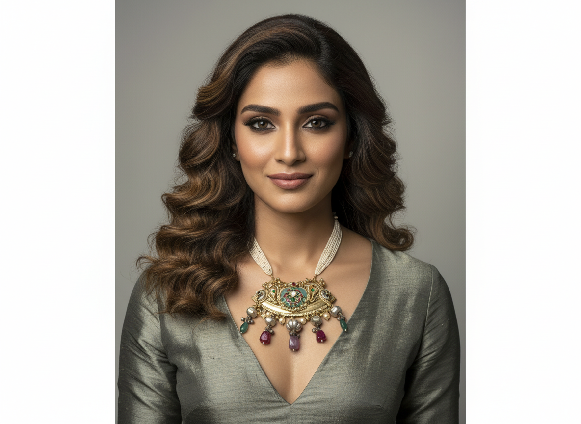 Gold-Tone Kundan Style Statement Necklace with Multicolour Drops
