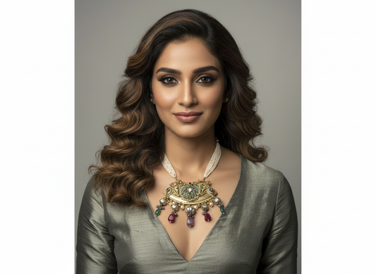 Gold-Tone Kundan Style Statement Necklace with Multicolour Drops