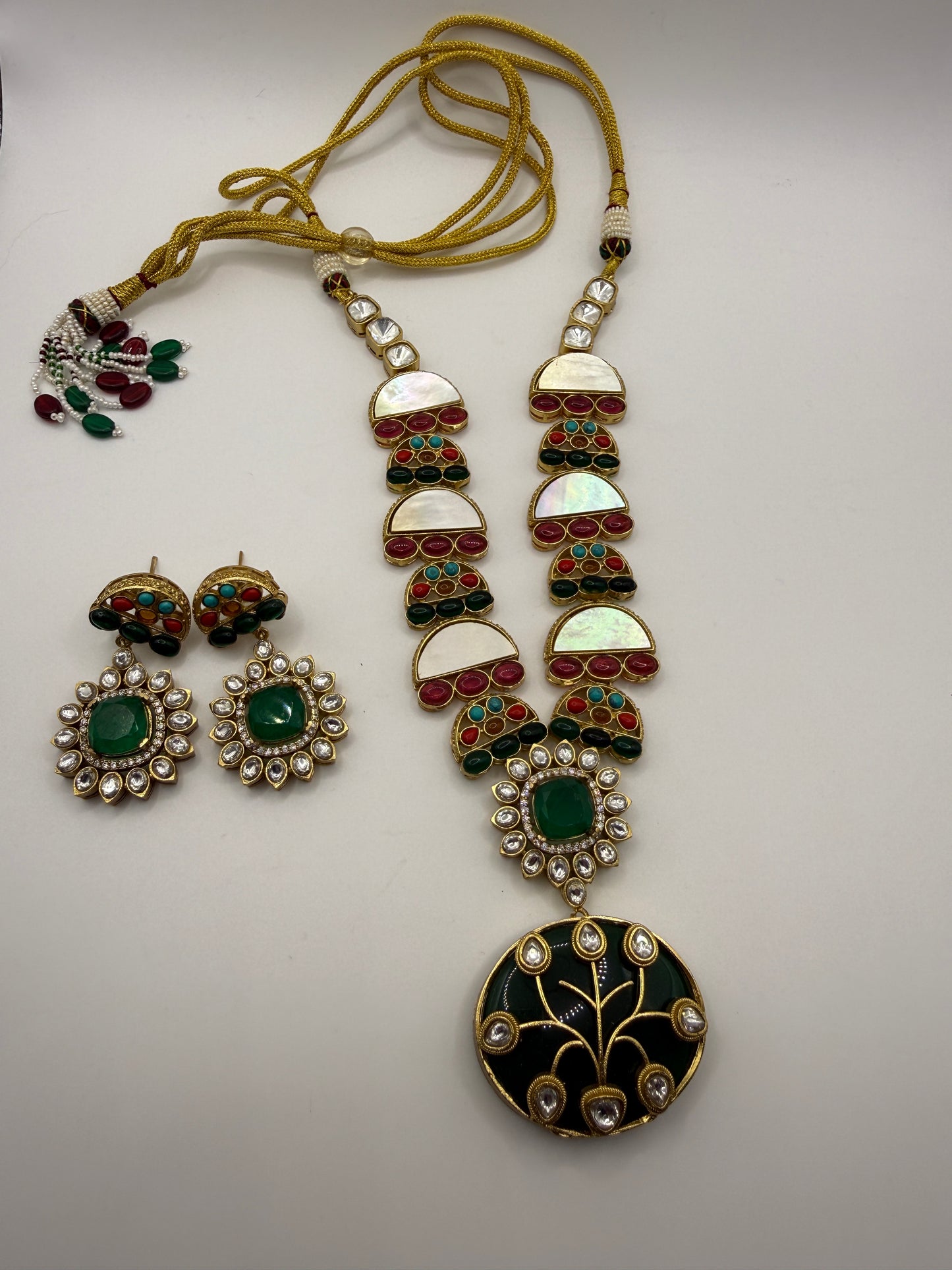 Gold-Tone Kundan Style Statement Necklace with Red & Green Accents