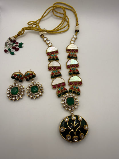 Gold-Tone Kundan Style Statement Necklace with Red & Green Accents
