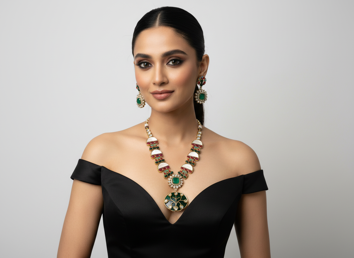 Gold-Tone Kundan Style Statement Necklace with Red & Green Accents
