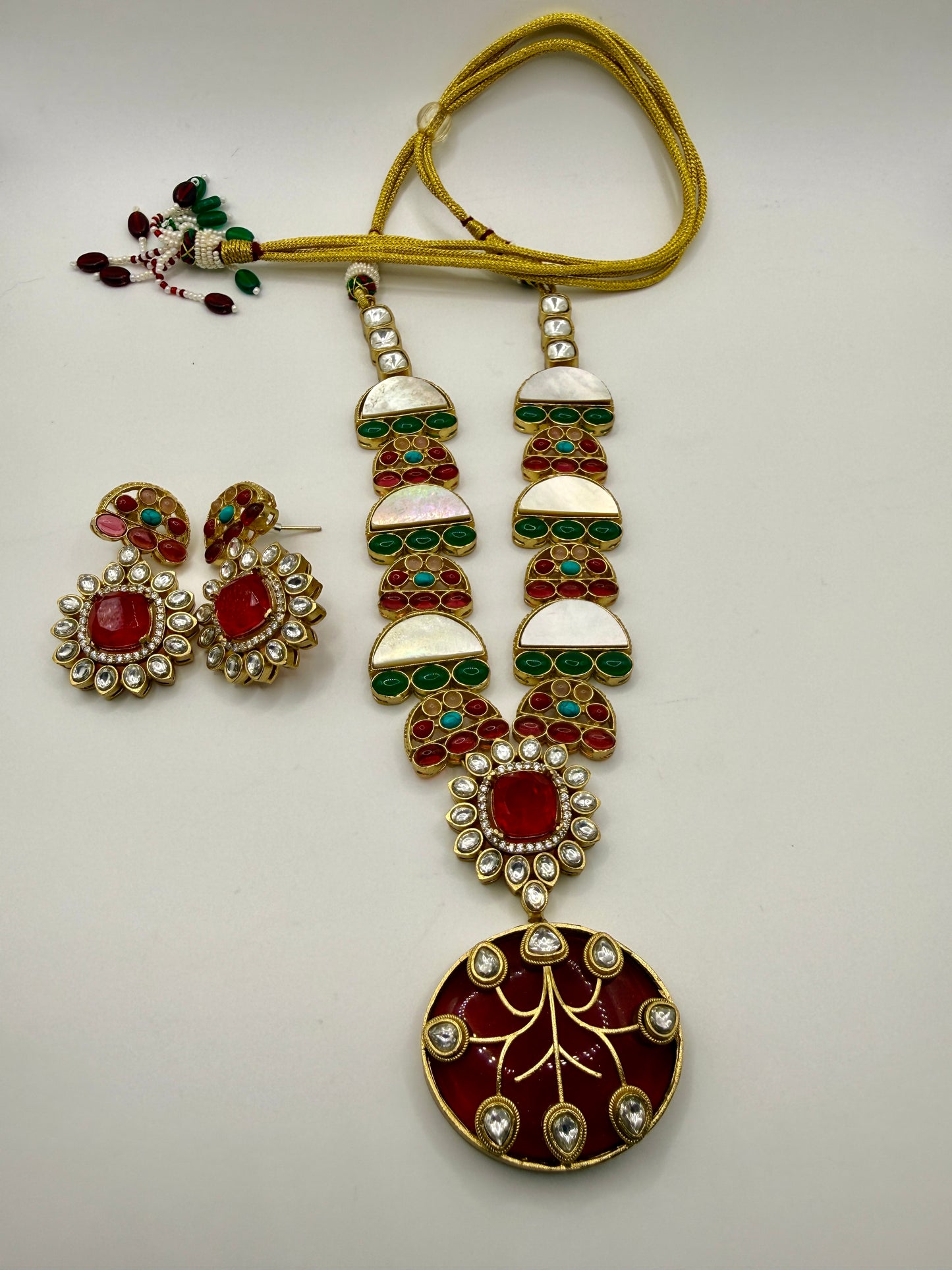 Gold-Tone Kundan Style Statement Necklace with Red & Green Accents