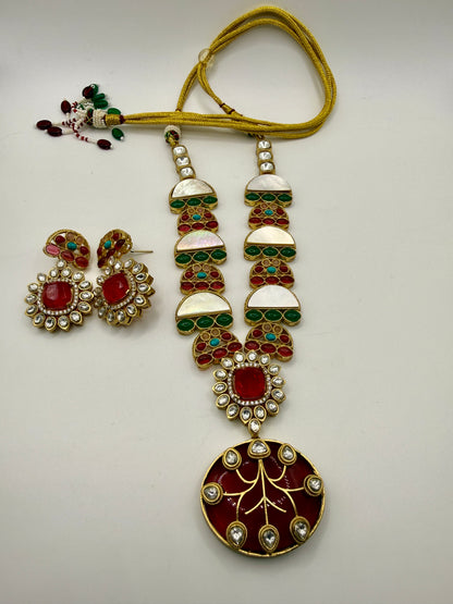 Gold-Tone Kundan Style Statement Necklace with Red & Green Accents