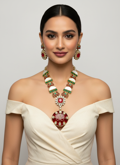 Gold-Tone Kundan Style Statement Necklace with Red & Green Accents