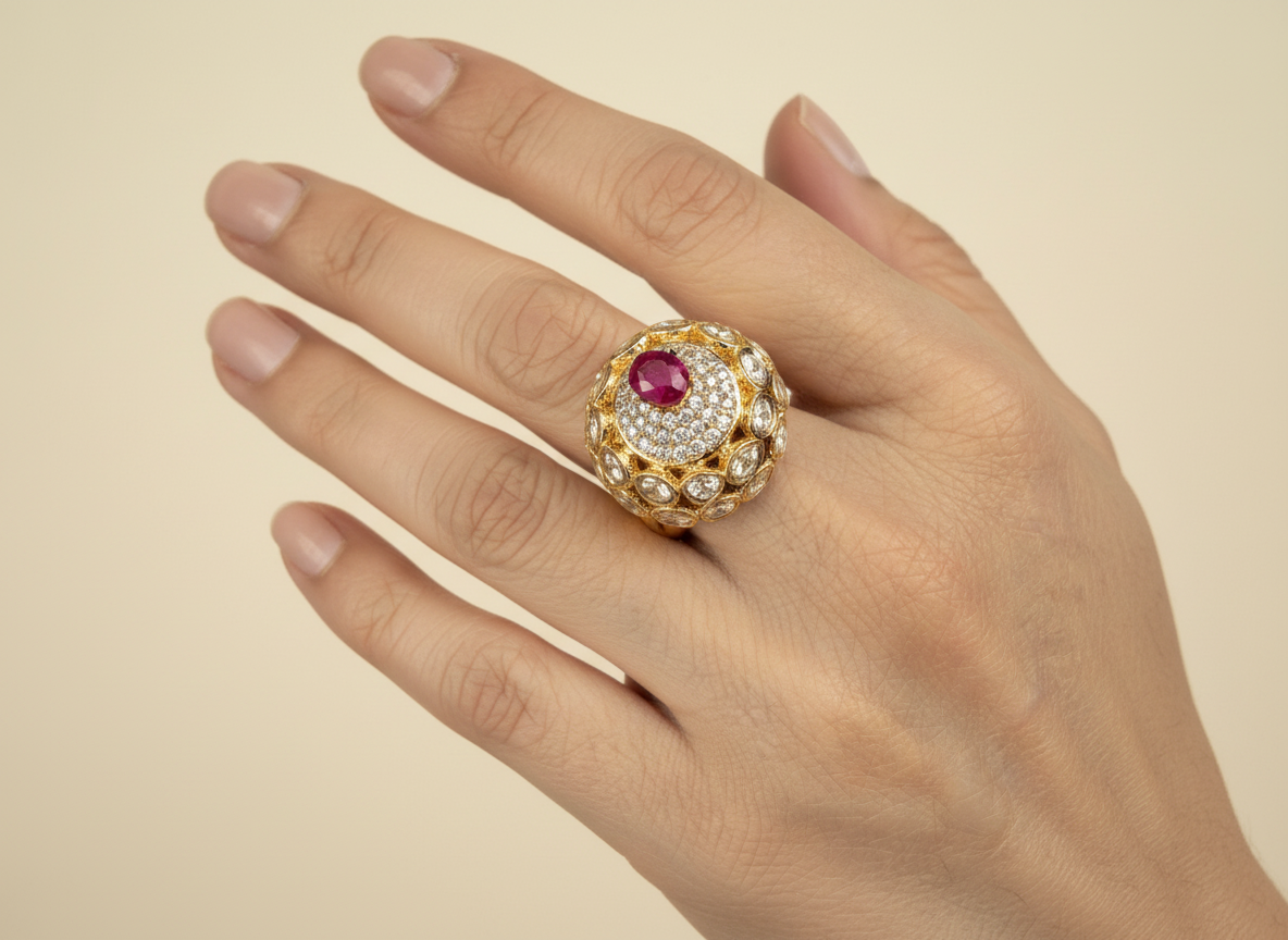 Statement Ring with Stone & Crystal Halo Design