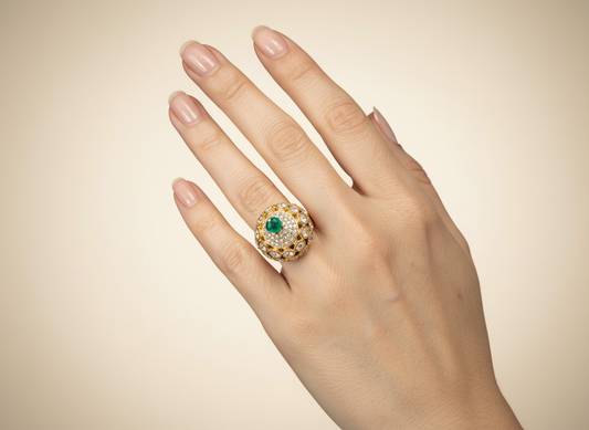 Statement Ring with Stone & Crystal Halo Design