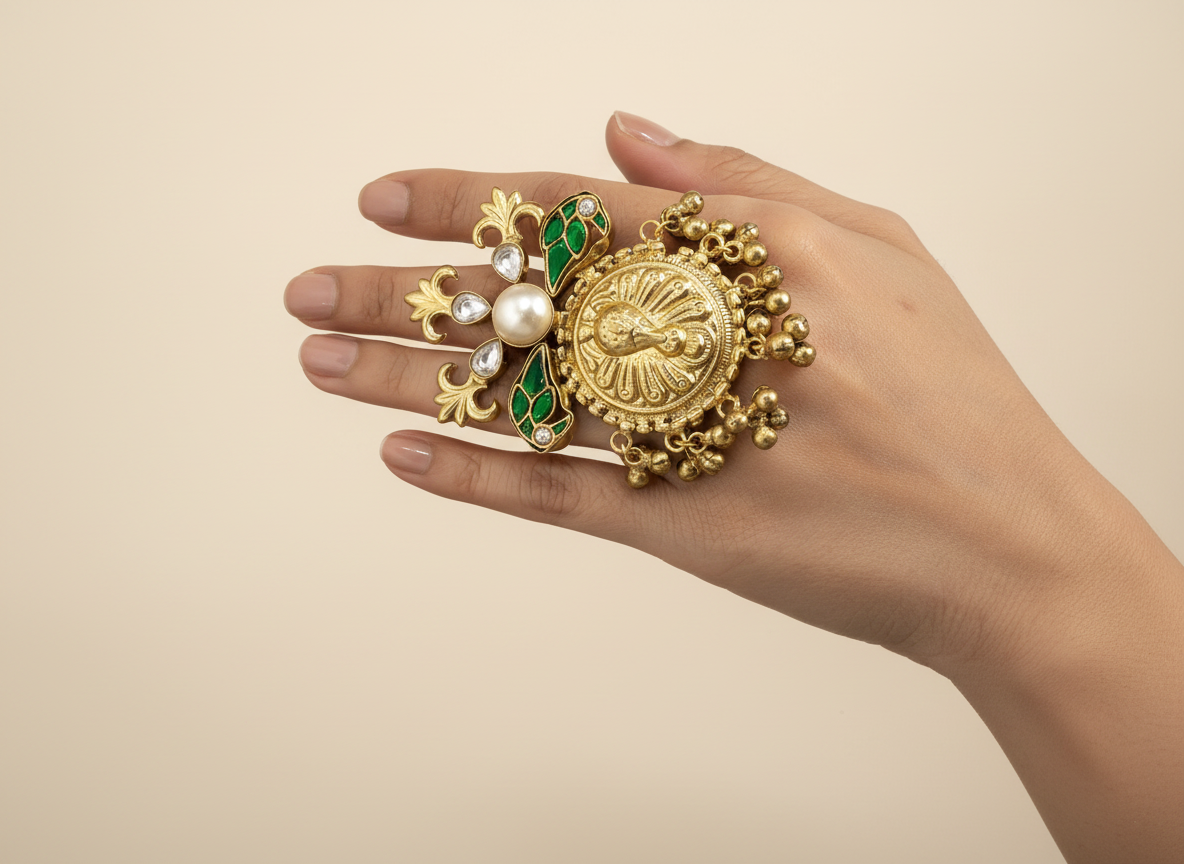 Peacock Motif Pearl Statement Ring - Traditional Indian Design