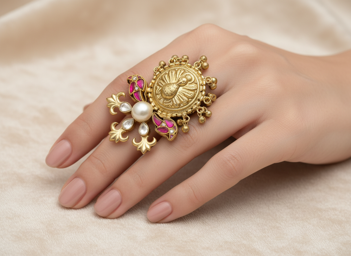 Peacock Motif Pearl Statement Ring - Traditional Indian Design