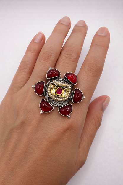 Red Stone Floral Statement Ring with Gold & Silver Finish