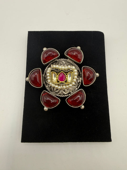 Red Stone Floral Statement Ring with Gold & Silver Finish