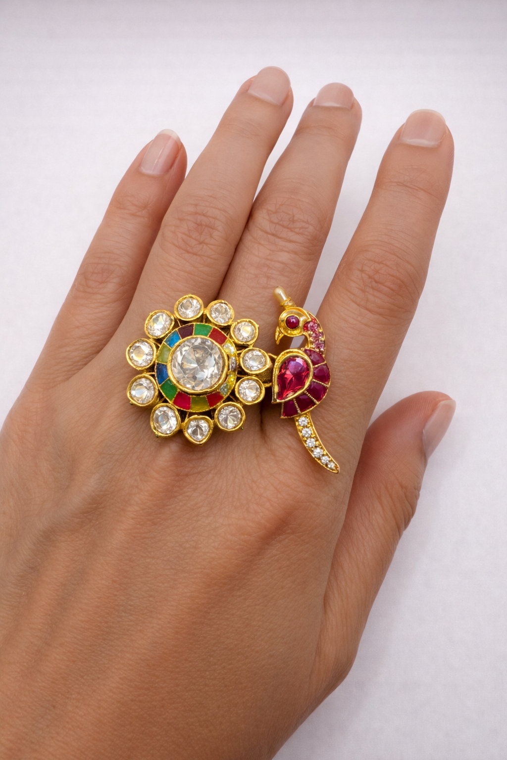 Multicolour Kundan Floral Ring & Ruby Parrot Statement Ring Set