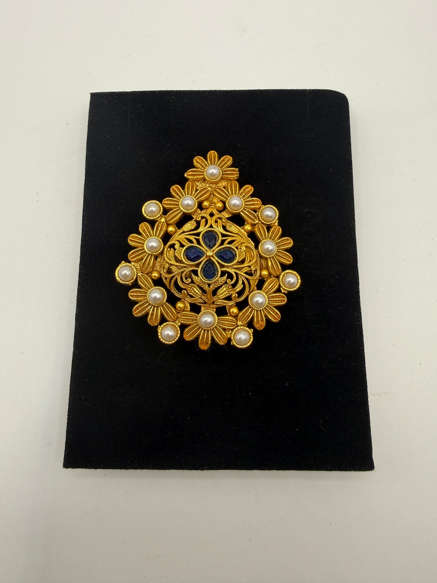 Floral Pearl & Blue Stone Statement Ring - Traditional Indian Designer Ring