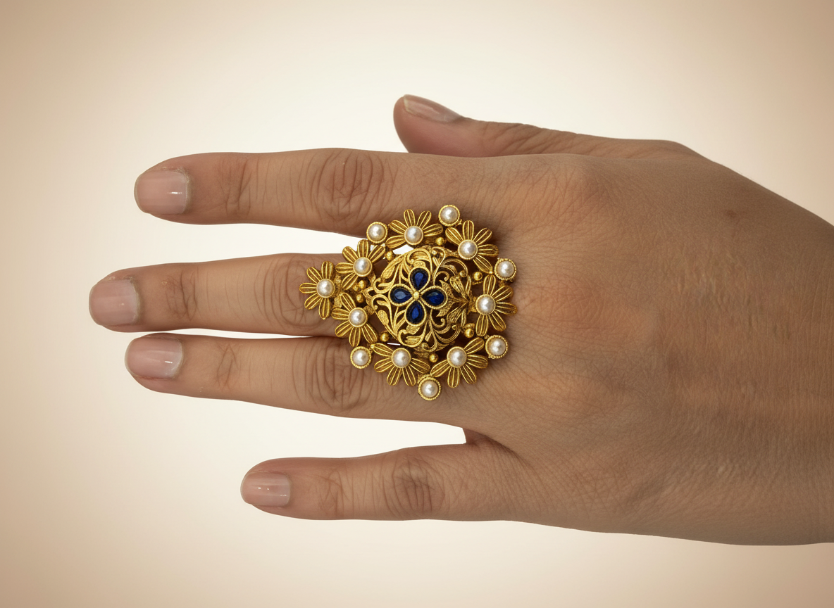 Floral Pearl & Blue Stone Statement Ring - Traditional Indian Designer Ring