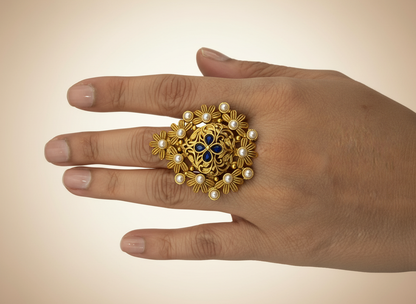 Floral Pearl & Blue Stone Statement Ring - Traditional Indian Designer Ring