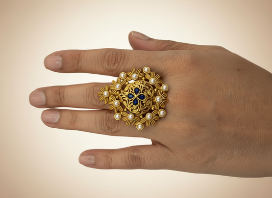 Floral Pearl & Blue Stone Statement Ring - Traditional Indian Designer Ring