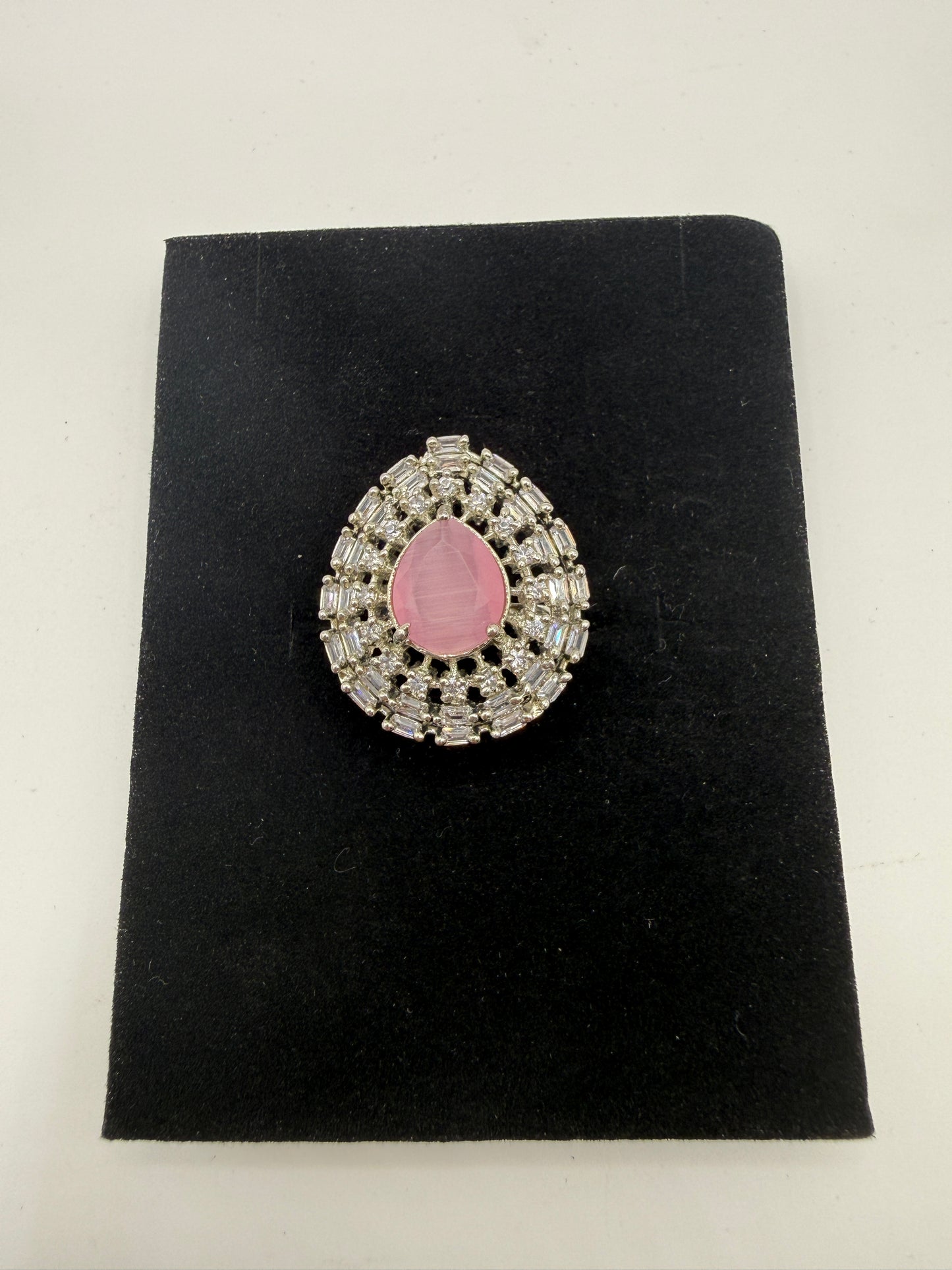 Pink Oval Halo Statement Ring - Elegant Designer Finger Ring
