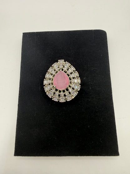 Pink Oval Halo Statement Ring - Elegant Designer Finger Ring