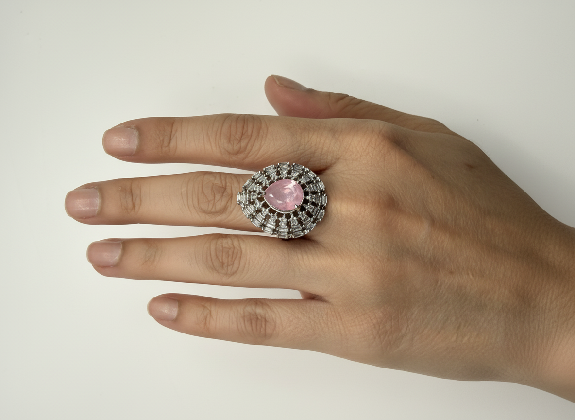 Pink Oval Halo Statement Ring - Elegant Designer Finger Ring