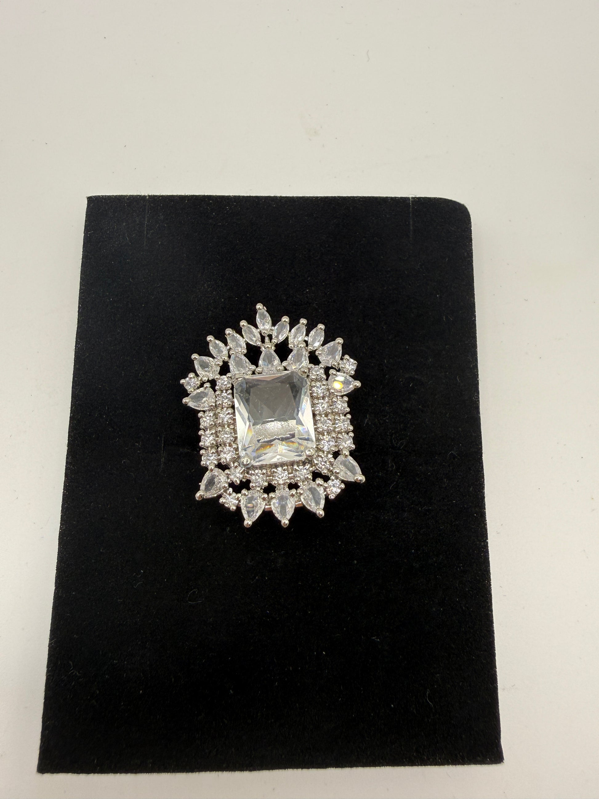 White Crystal Square-Cut Statement Ring with Floral Halo Design