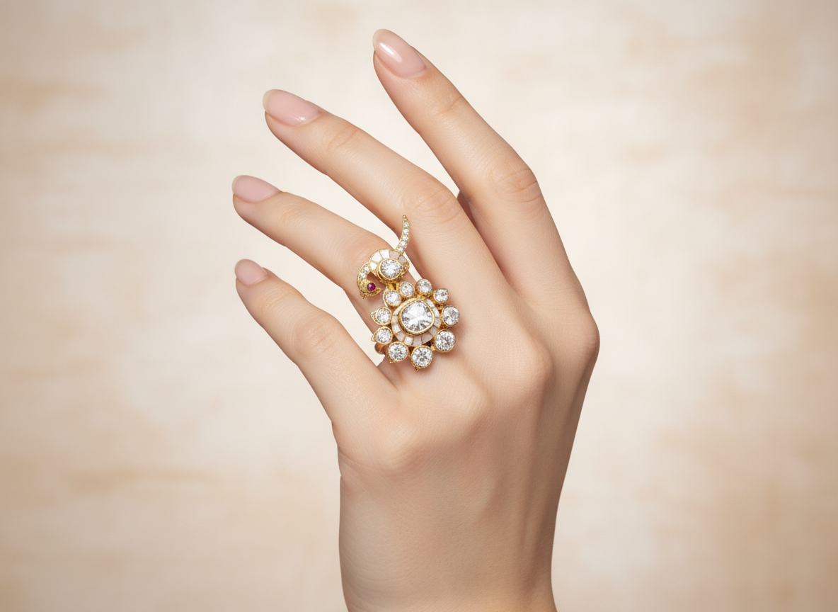 Multicolour Kundan Floral Ring & Ruby Parrot Statement Ring Set