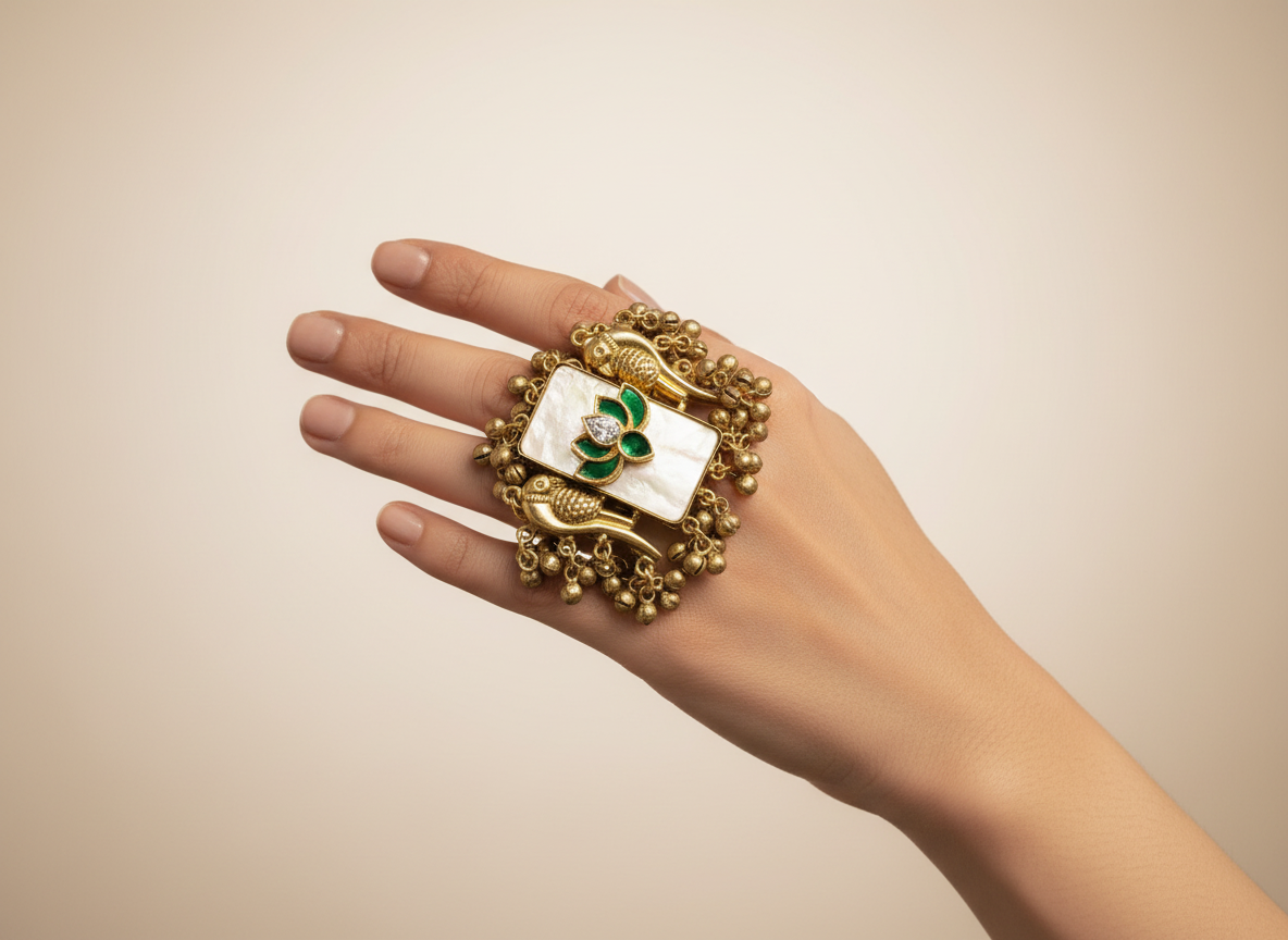 Antique finish lotus motif statement ring with pearl detailing by Adishee Australia