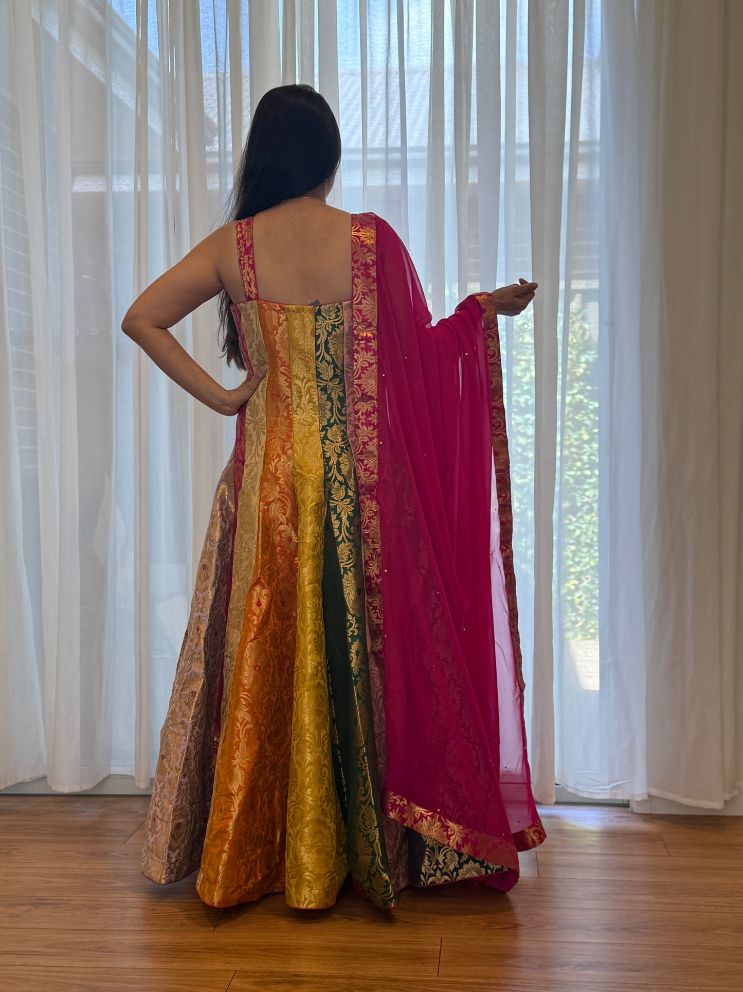Multi Panel Banarsi Silk Anarkali with pleated Bodice