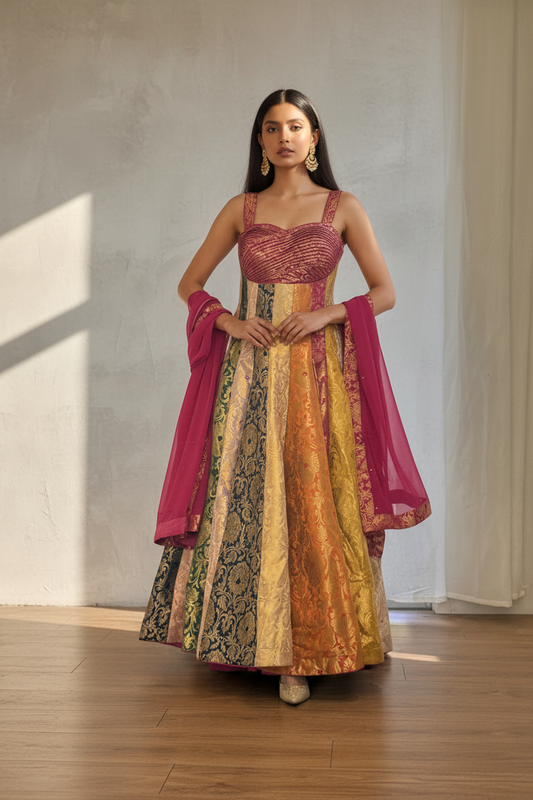 Multi Panel Banarsi Silk Anarkali with pleated Bodice