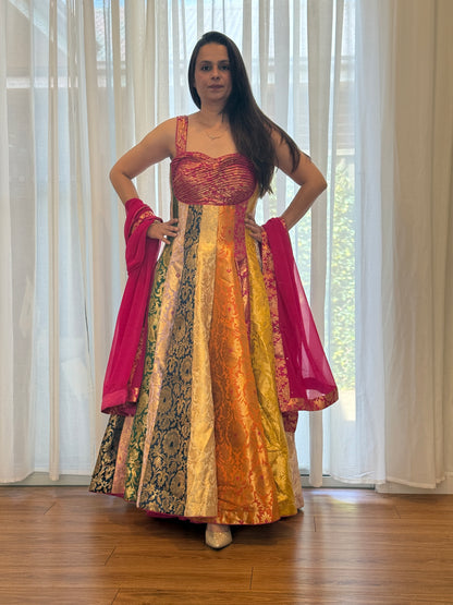 Multi Panel Banarsi Silk Anarkali with pleated Bodice