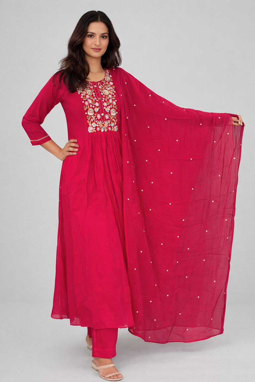 Hot Pink Anarkali Suit Set with Floral Embroidered Yoke & Dotted Dupatta